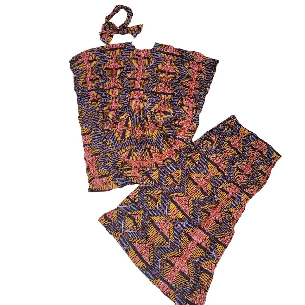 African Print Maxi Dress & Head Wrap Set - Size L - Multicolor Geometric Pattern